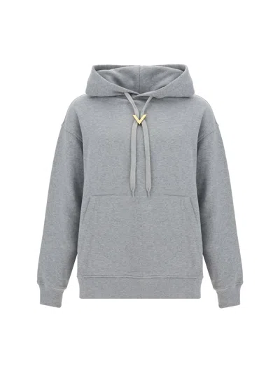 Valentino Logo Plaque Drawstring Hoodie In Grigio Melange