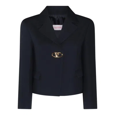Valentino Single-breasted Navy Wool Crop Jacket In Black