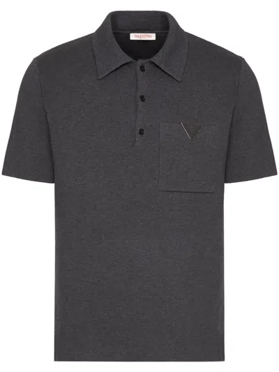 Valentino Logo-plaque Mélange-effect Polo Shirt In Grey