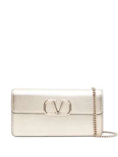 Pre-owned Valentino Garavani Logo-plaque Metallic-effect Clutch Bag In Gold