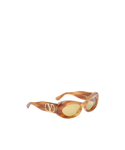 Valentino Logo-plaque Oval-frame Sunglasses In Brown