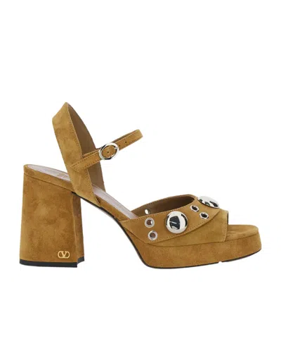 Valentino Garavani Nellcôte Platform Sandal In Split Leather 90mm Woman Havana Beige 41 In Brown