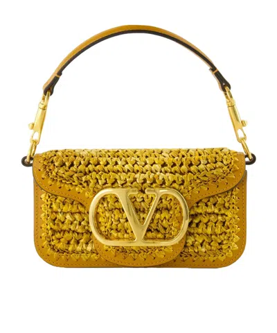 Valentino Garavani Vlogo Embellished Leather-trimmed Metallic Raffia Shoulder Bag In Gold