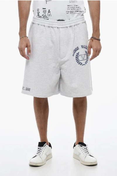 Valentino Logo Print Brushed Cotton Jogger Shorts In Grey