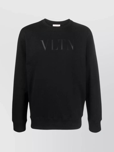 Valentino Logo Print Crewneck Sweater With Ribbed Trims In Black