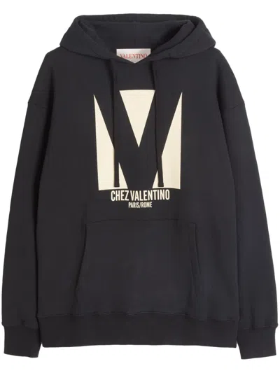 Valentino Cotton Hooded Sweatshirt With Chez Print In Black