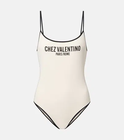 Valentino Logo Printed Piqué Swimsuit In White