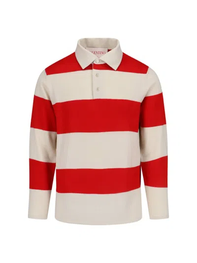 Valentino Striped Pattern Long Sleeves Polo Collar In Cream