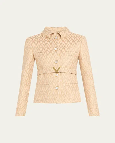 Valentino Logo Quilted Metallic Belted Jacket In Gold