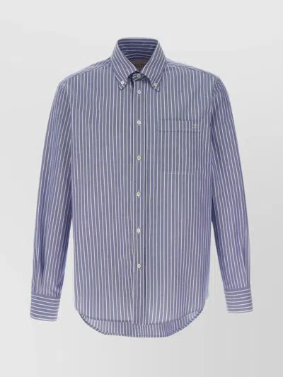 Valentino Logo Shirt With Vertical Stripes And Front Pocket In Blue
