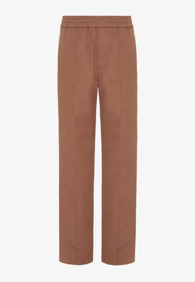Valentino Stretch Cotton Canvas Trousers With Rubberised V Detail In Brown