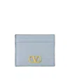 Valentino Womens Blu Porcellana Vlogo Signature Grainy Leather Card Holder In Gray
