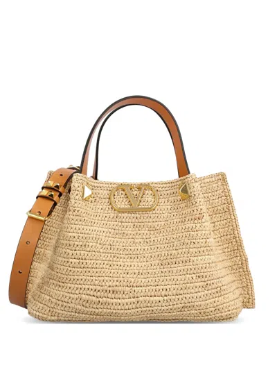 Valentino Garavani Logo-detail Raffia Tote Bag In Neutral