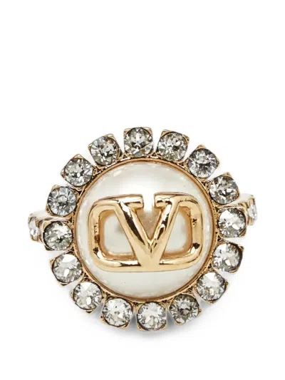 Pre-owned Valentino Garavani Vlogo Faux Pearl Ring In Gold