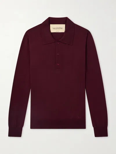 Valentino Logo-embroidered Virgin Wool Polo Shirt In Burgundy