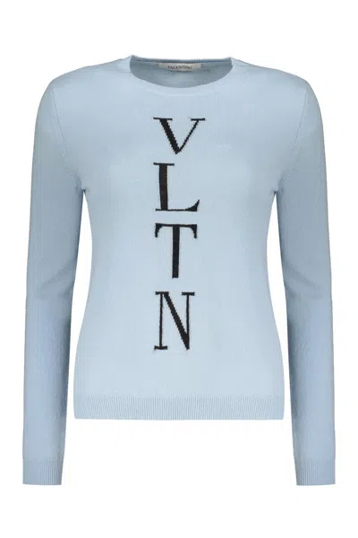 Valentino Logo-embroidered Wool Sweater In Blue