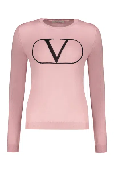 Valentino Logo-embroidered Wool Sweater In Pink