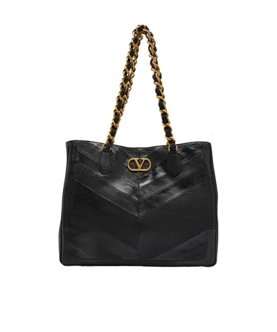 Valentino Garavani Logo-plaque Chevron Leather Tote Bag In Black