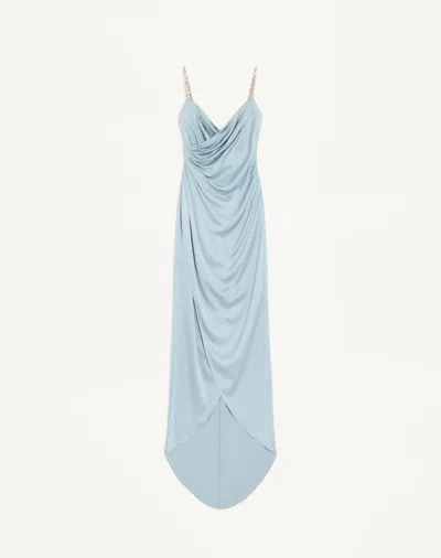 Valentino Long Dress In Embroidered Cady Satin In Blue