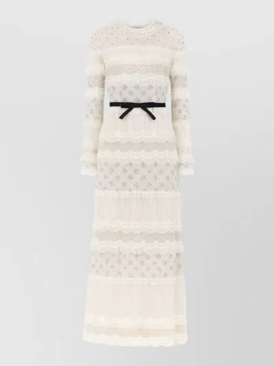 Valentino Long Dress Sheer Lace Belt Ruffle Layers In Multi