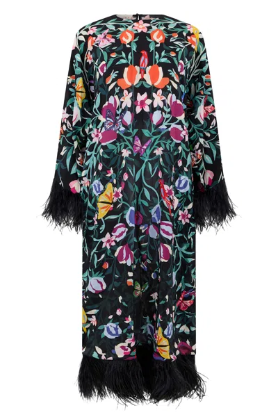 Valentino Long Floral Dress With Bell Sleeves In Black