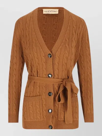 Valentino Long Knit Cardigan Cable Pattern Waist Belt In White