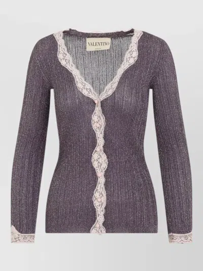 Valentino Long Sleeve Cardigan Ribbed Texture Lace Trim In Gray
