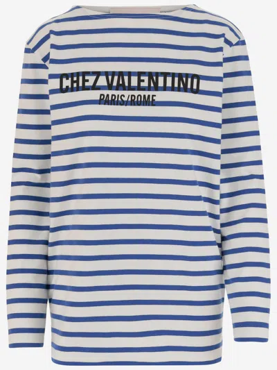 Valentino Long Sleeve Cotton T-shirt With Striped Pattern In Blue