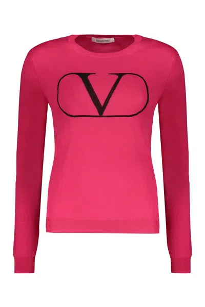 Valentino Long Sleeve Crew-neck Sweater In Fuchsia