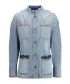 Valentino Embellished Printed Chiffon-trimmed Denim Jacket In Blue