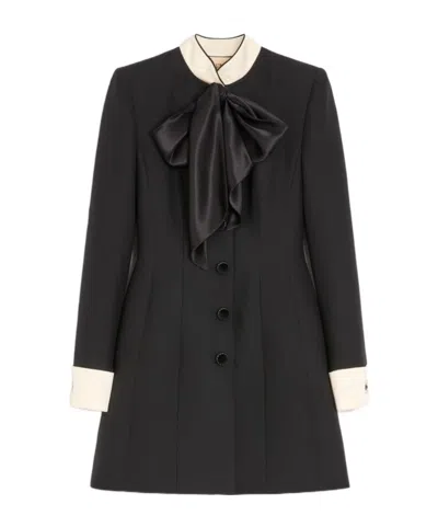 Valentino Satin-bow Jewel-button Dress In Black
