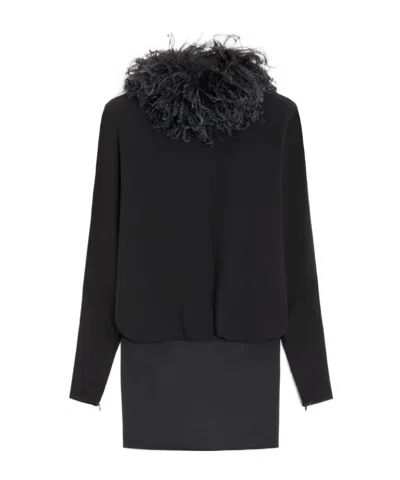 Valentino Short Georgette Dress With Feathers Woman Black 36