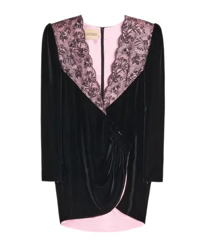 Valentino Lace-detail Velvet Mini Dress In Black
