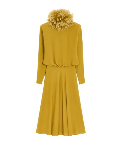 Valentino Georgette Midi Dress With Feathers Woman Ochre 38 In Gold