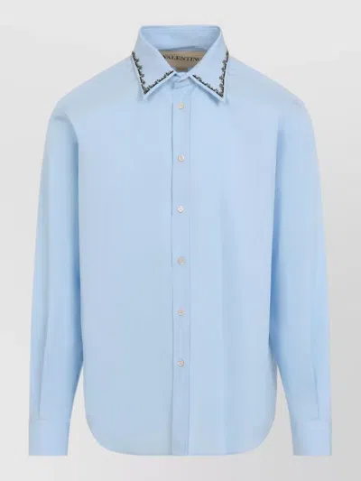 Valentino Long Sleeve Shirt Embroidered Collar Cuffs In Blue