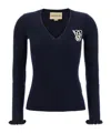 Valentino Embroidered Sweater With Front Pockets And Ruffle Cuffs In Blue