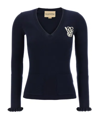 VALENTINO RUFFLED V-NECK WOOL SWEATER