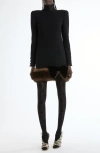 Valentino Long Sleeve Wool Crepe Minidress With Genuine Shearling Trim In Black