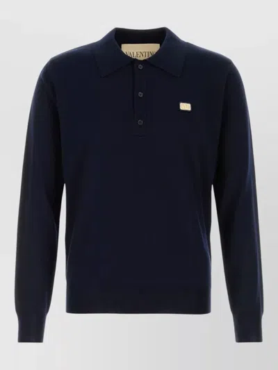 Valentino Long Sleeve Wool Polo Knit Shirt In Blue