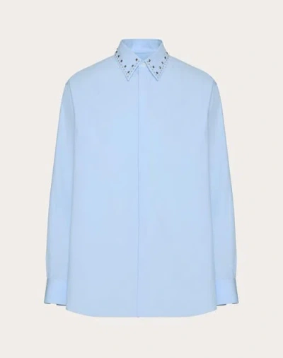 Valentino Long-sleeved Cotton Poplin Shirt With Cabochons In Blue