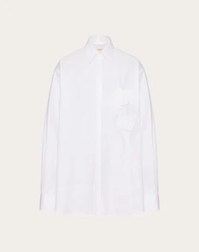 Valentino Long-sleeved Cotton Poplin Shirt With Embroidered Pleated Flower In White