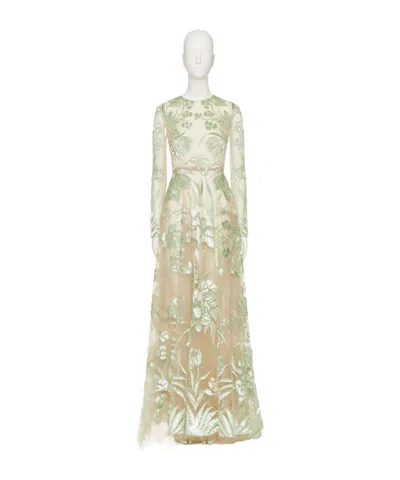 Valentino Long-sleeved Dress In Praline/green