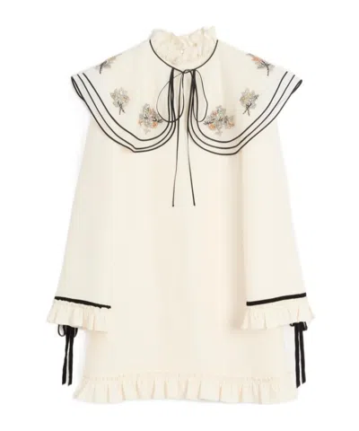 Valentino Wool Blend Mini Dress With Embroidered Ruffles In White