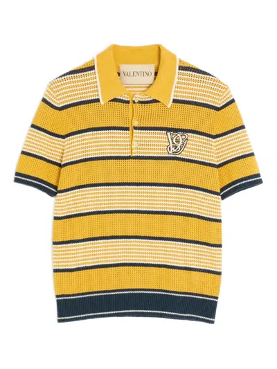 Valentino Long-sleeved Linen And Cotton Polo Shirt With Vg Patch In Yellow