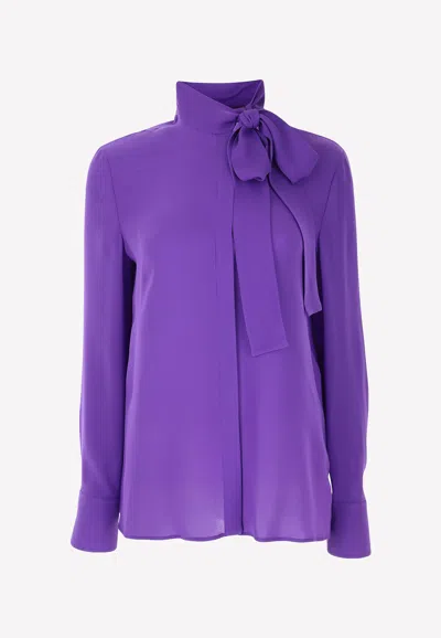 Valentino Long-sleeved Silk Blouse With Bow Detail In Purple