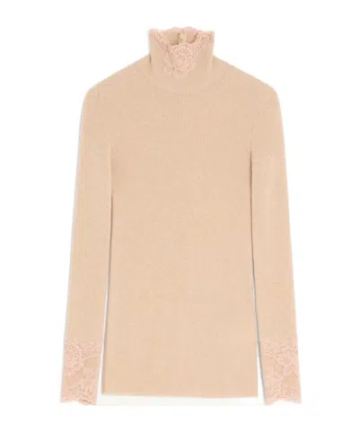 Valentino Lace-trimmed High-neck Sweater In Nude