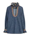 Valentino Womens Embroidered Frilled Cotton-denim Shirt Medium Blue Denim In Blue