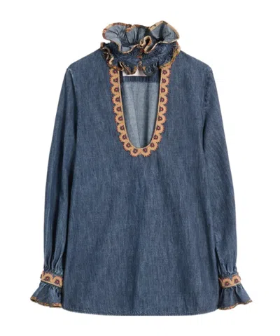 VALENTINO VALENTINO RUFFLED LONG-SLEEVED DENIM TOP