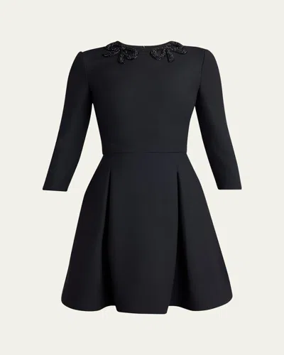 Valentino Long-sleeve Embroidered Bow Mini Dress In Black