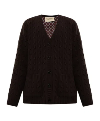 Valentino Cable-knit Wool Cardigan In Brown